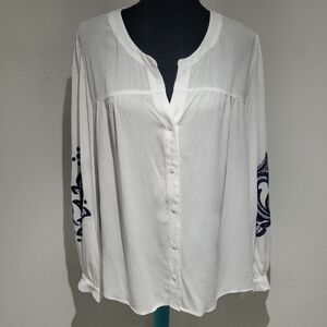 Reitmans Women's Button Down Embroidered Sleeve Boho Cottagecore Blouse 2X White